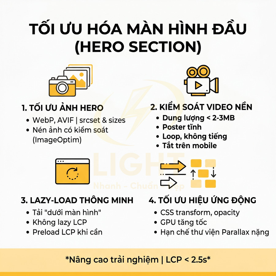 Hướng dẫn tối ưu hóa hero section website với ảnh, video nền, lazy load và hiệu ứng động để cải thiện LCP