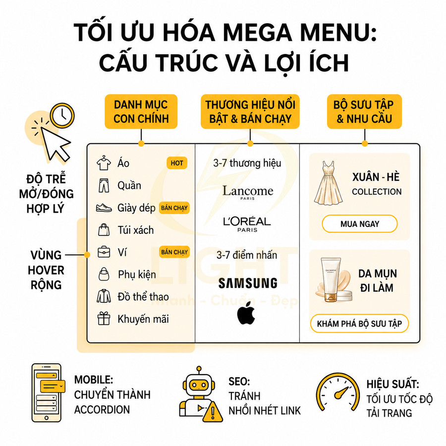 Hướng dẫn tối ưu mega menu website với danh mục sản phẩm, thương hiệu Lancome, L’Oréal, Samsung và bộ sưu tập thời trang