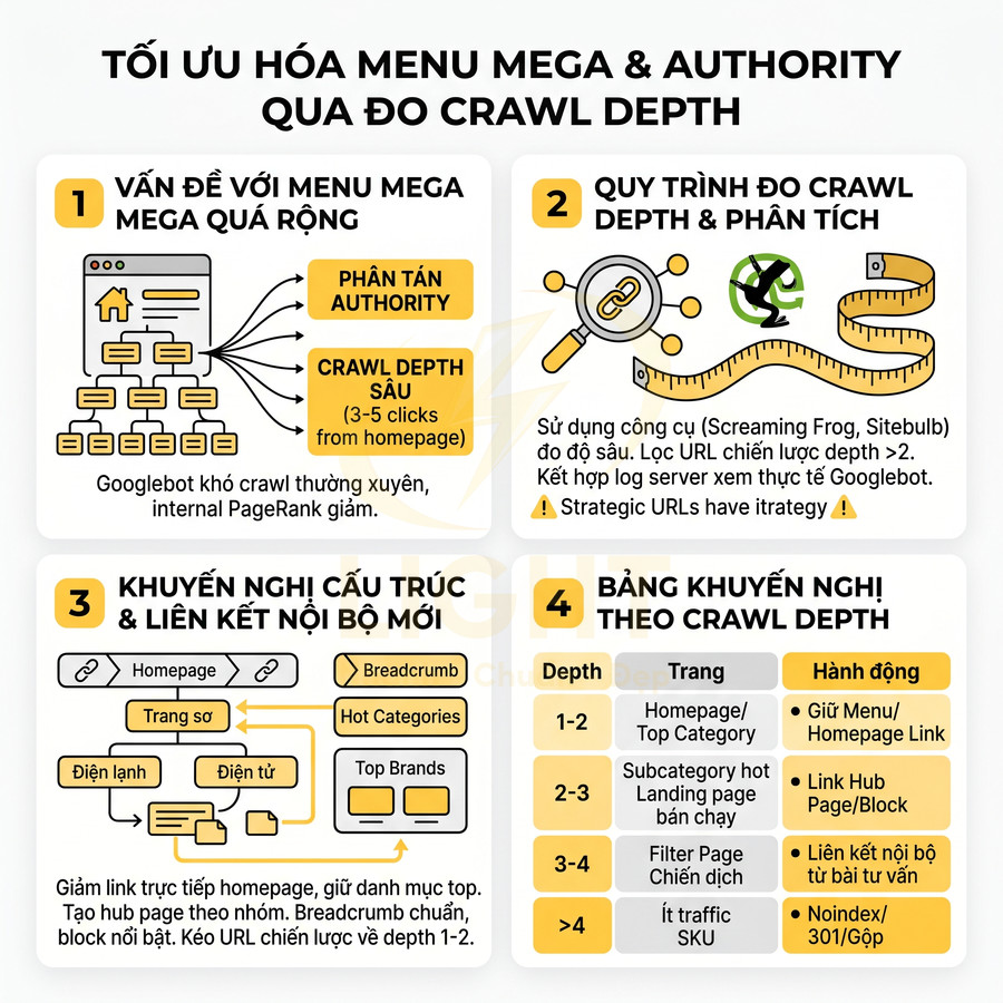 Infographic tối ưu hóa menu mega và authority website thông qua đo crawl depth và cấu trúc liên kết nội bộ