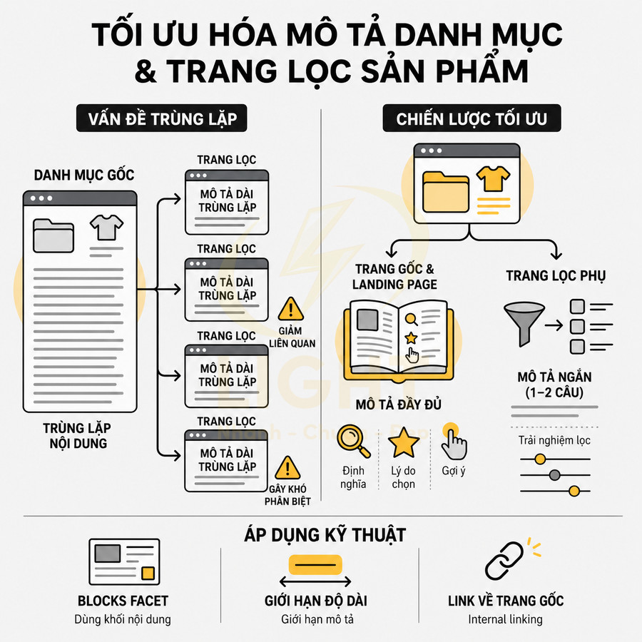 Infographic tối ưu hóa mô tả danh mục và trang lọc sản phẩm trong SEO cho website thương mại điện tử