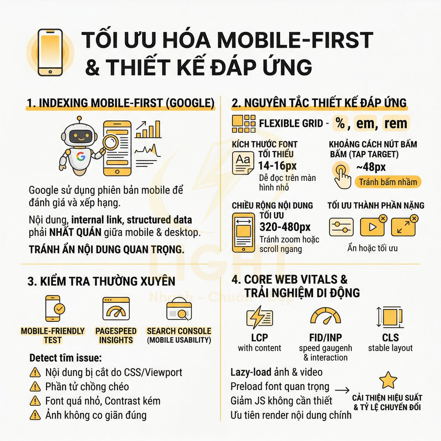Infographic tối ưu hóa mobile first và thiết kế web đáp ứng, hướng dẫn responsive, core web vitals và trải nghiệm di động