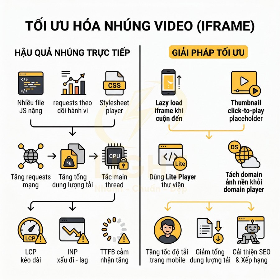 Infographic hướng dẫn tối ưu hóa nhúng video iframe để tăng tốc độ tải trang và cải thiện SEO