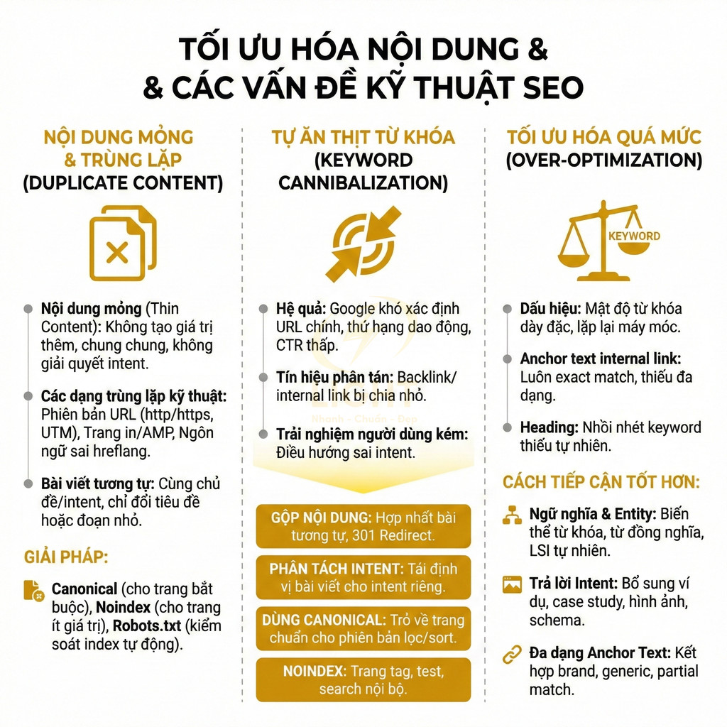 Infographic tối ưu hóa nội dung và xử lý nội dung mỏng, trùng lặp, tự ăn thịt từ khóa, tối ưu hóa quá mức trong SEO