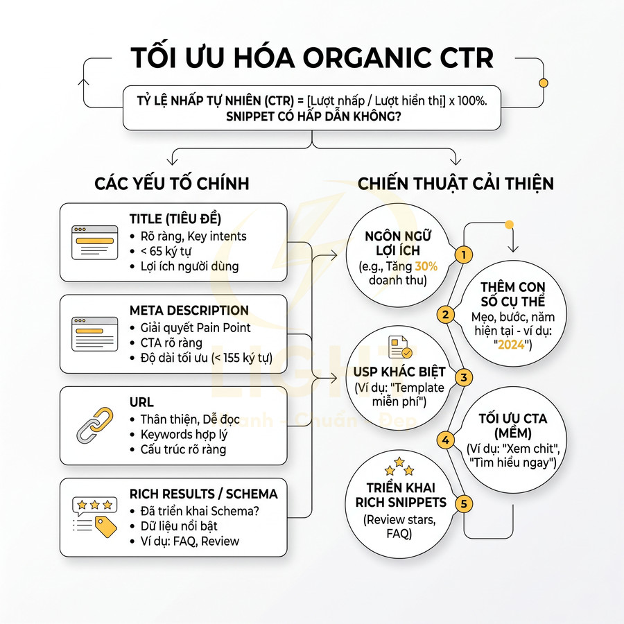 Sơ đồ hướng dẫn tối ưu hóa organic CTR với các yếu tố title, meta description, URL và rich results/schema
