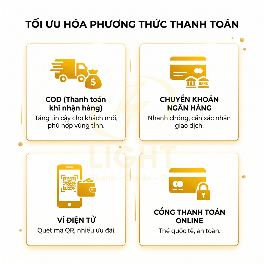 Các phương thức thanh toán của shop gồm COD, chuyển khoản ngân hàng, ví điện tử và cổng thanh toán online
