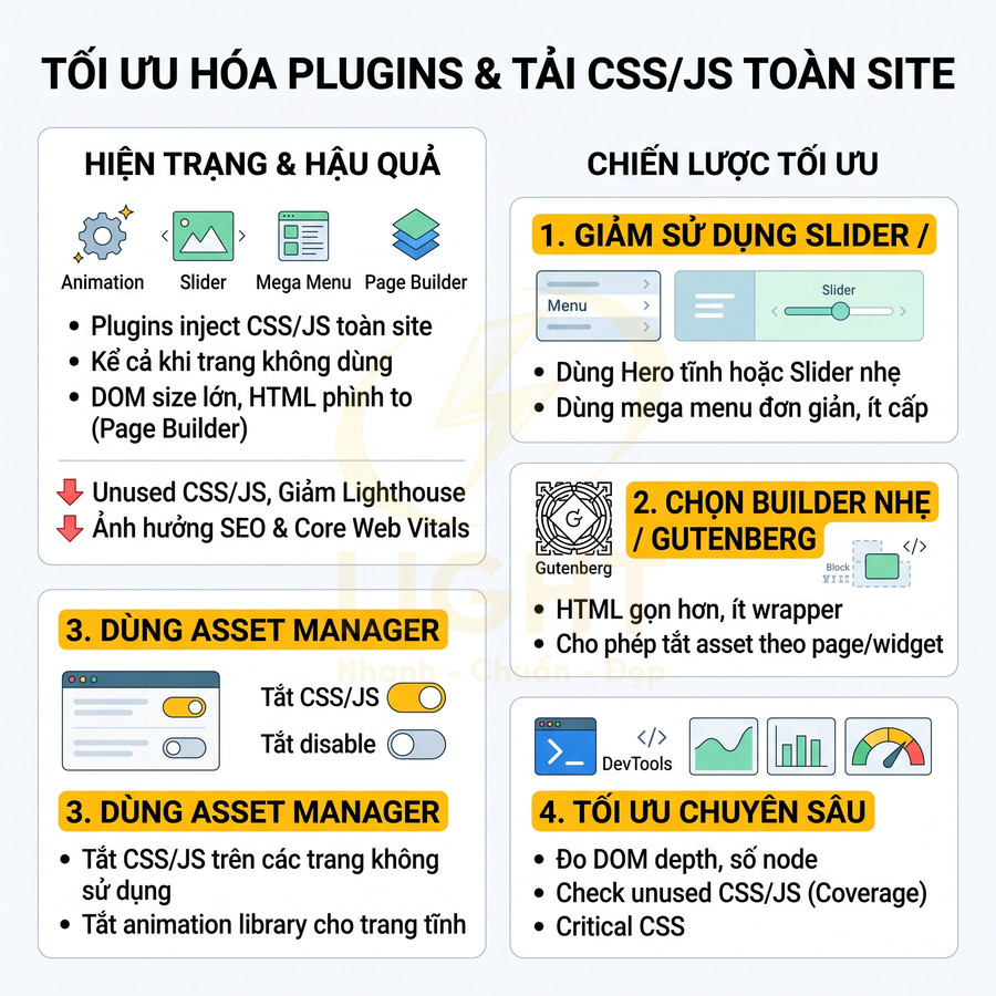 Infographic tối ưu hóa plugin và tải CSS JS toàn site với các bước giảm slider chọn Gutenberg dùng asset manager