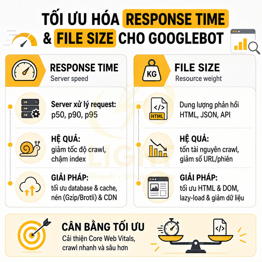 Hướng dẫn tối ưu response time và file size cho Googlebot để cải thiện crawl và Core Web Vitals