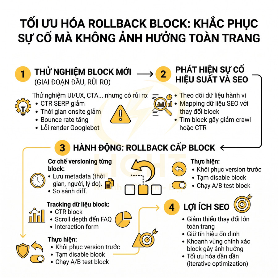 Infographic quy trình tối ưu hóa rollback block để khắc phục sự cố hiệu suất và SEO trên website