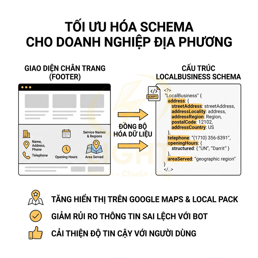 Minh họa tối ưu hóa schema LocalBusiness cho doanh nghiệp địa phương để đồng bộ dữ liệu và tăng hiển thị Google Maps