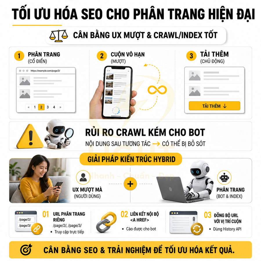 Hướng dẫn tối ưu SEO cho phân trang hiện đại với cuộn vô hạn, tải thêm và kiến trúc hybrid UX mượt kết hợp bot index
