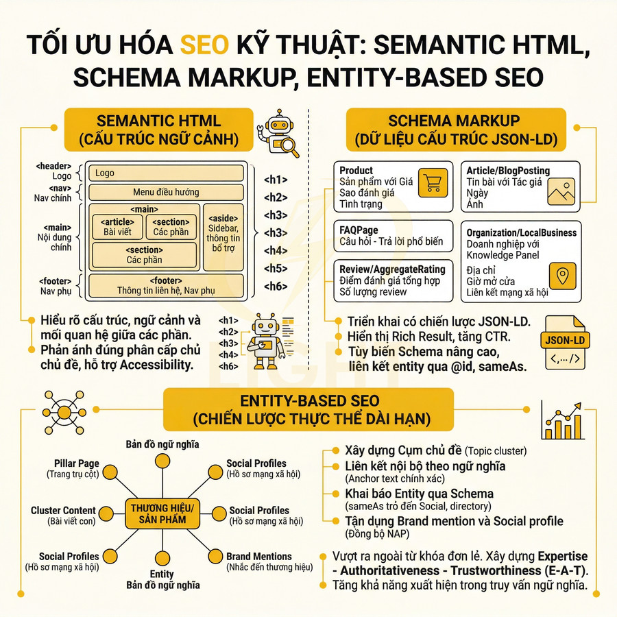 Infographic tối ưu hóa SEO kỹ thuật với Semantic HTML, Schema Markup và chiến lược Entity Based SEO