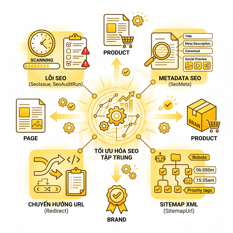 Minh họa quy trình tối ưu hóa SEO tập trung với lỗi SEO, metadata, sitemap XML, chuyển hướng URL và trang sản phẩm