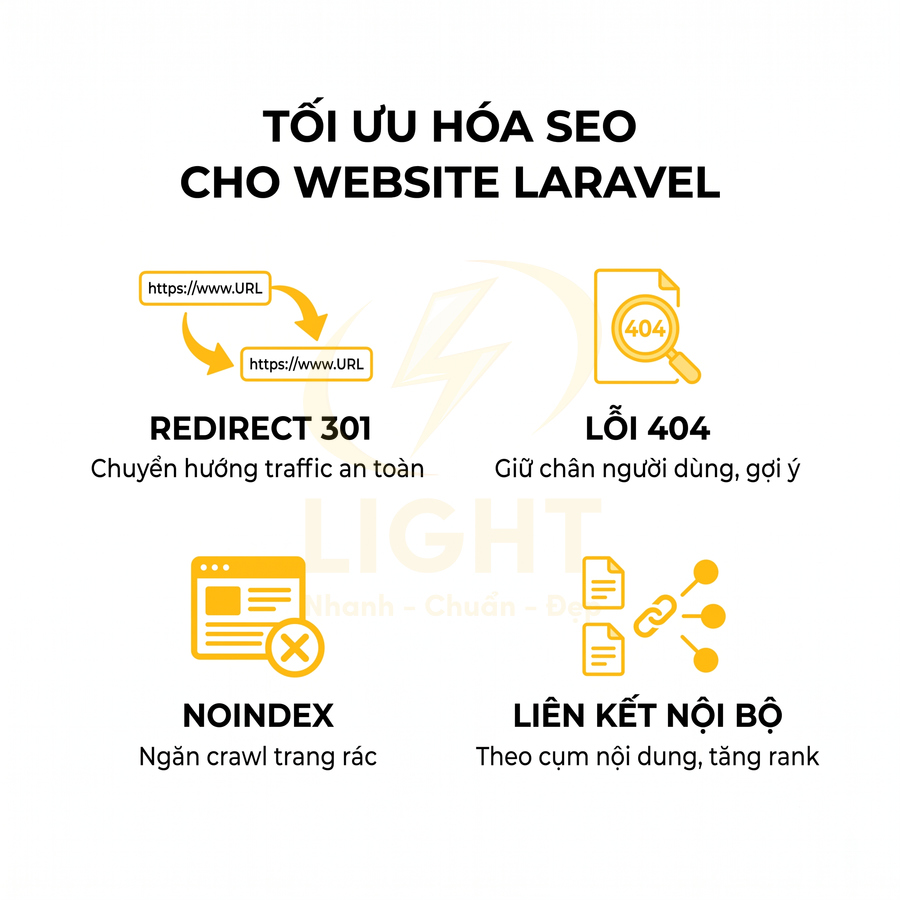 Tối ưu hóa SEO cho website Laravel với redirect 301, xử lý lỗi 404, noindex và liên kết nội bộ