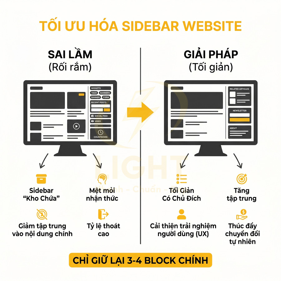 Minh họa tối ưu hóa sidebar website, so sánh sidebar rối rắm và sidebar tối giản chỉ giữ 3 đến 4 block chính