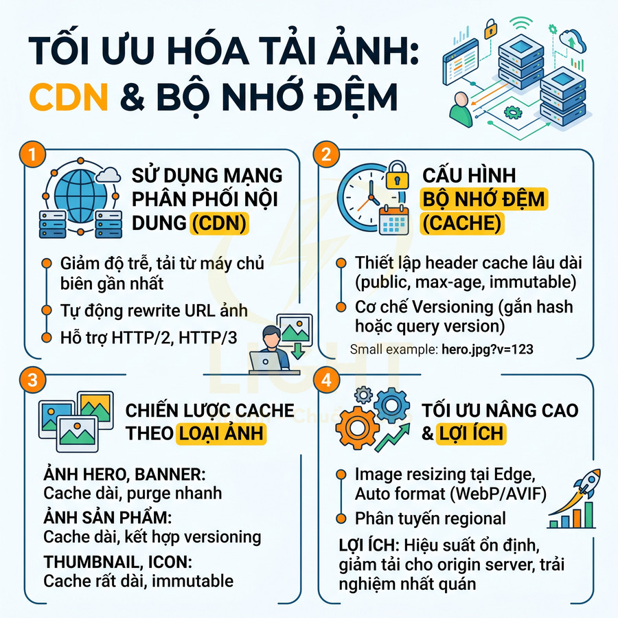 Hướng dẫn tối ưu hóa tải ảnh với CDN và bộ nhớ đệm cache, chiến lược cache theo loại ảnh và lợi ích hiệu suất
