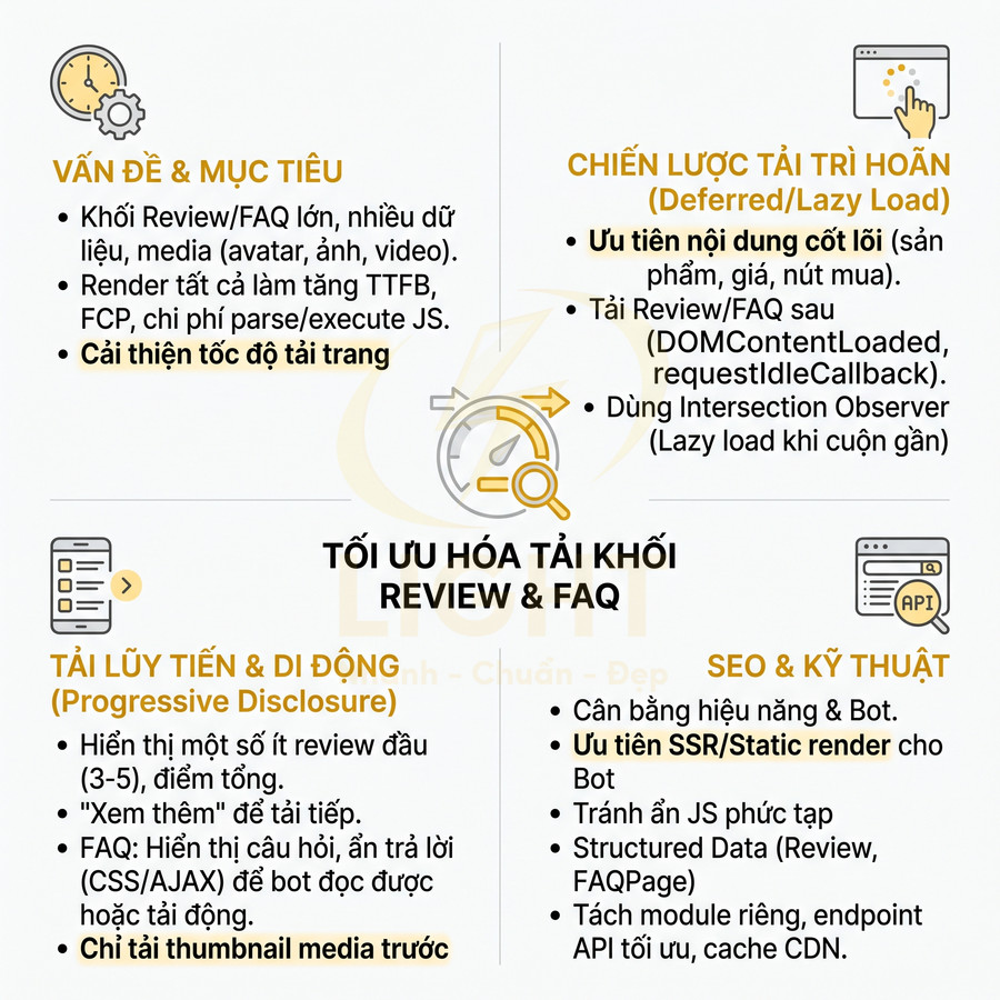 Mô hình tối ưu hóa tải khối review và FAQ với chiến lược lazy load, progressive disclosure và kỹ thuật SEO.