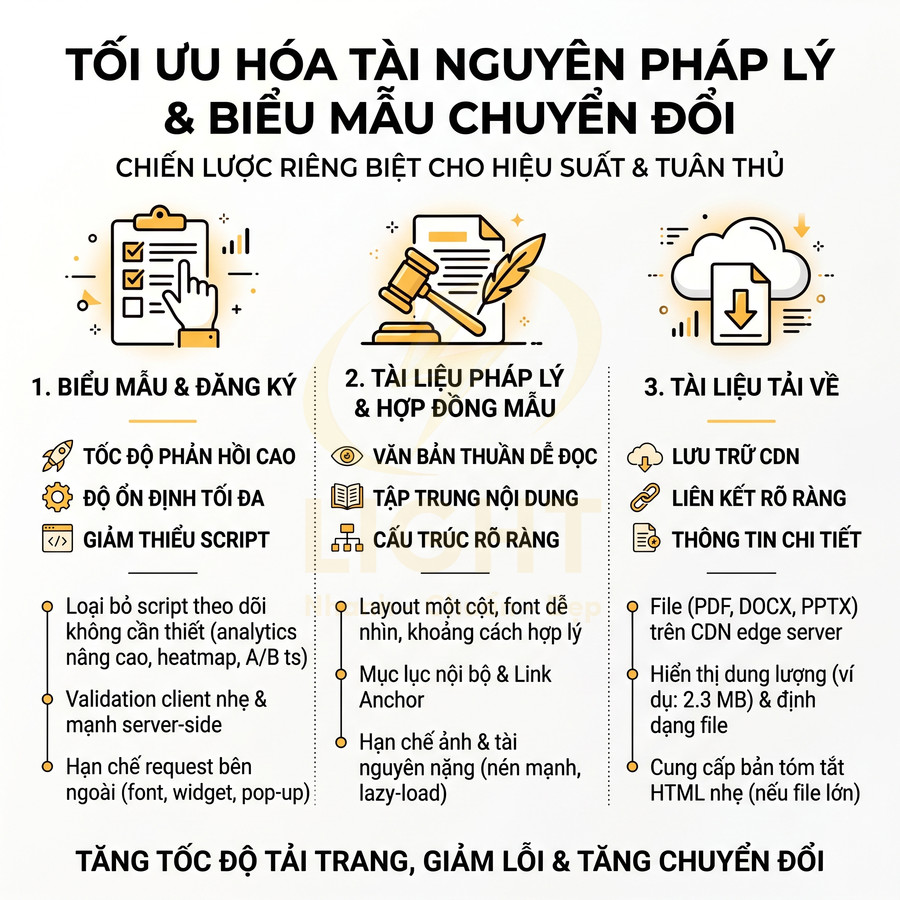 Infographic tối ưu hóa tài nguyên pháp lý và biểu mẫu chuyển đổi, hướng dẫn cải thiện tốc độ tải trang và tăng chuyển đổi