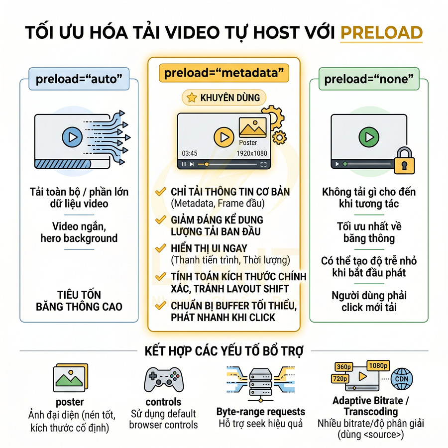 Hướng dẫn tối ưu tải video tự host với thuộc tính preload auto metadata none và các yếu tố hỗ trợ poster controls bitrate