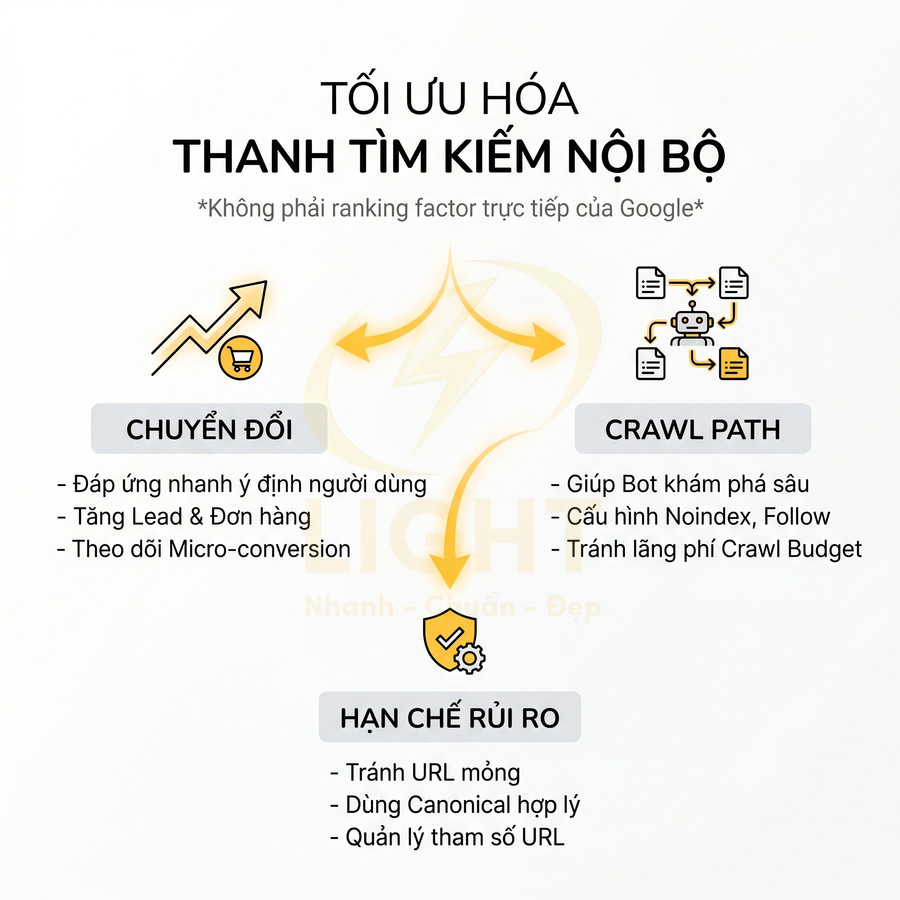 Tối ưu hóa thanh tìm kiếm nội bộ với lợi ích chuyển đổi, crawl path và hạn chế rủi ro SEO