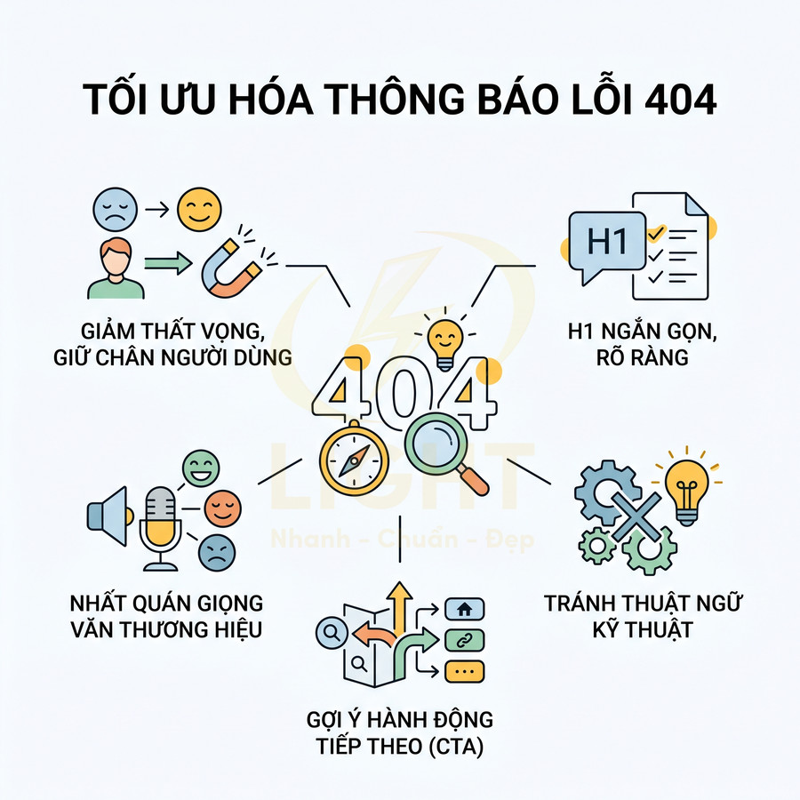 Infographic tối ưu hóa trang lỗi 404 với mẹo giữ chân người dùng, CTA rõ ràng và tránh thuật ngữ kỹ thuật