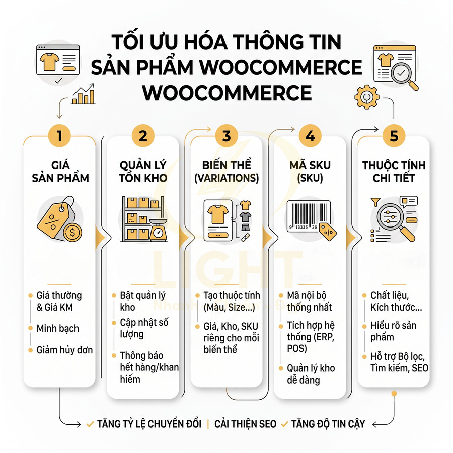 Hướng dẫn tối ưu hóa thông tin sản phẩm WooCommerce với giá, tồn kho, biến thể, mã SKU và thuộc tính chi tiết