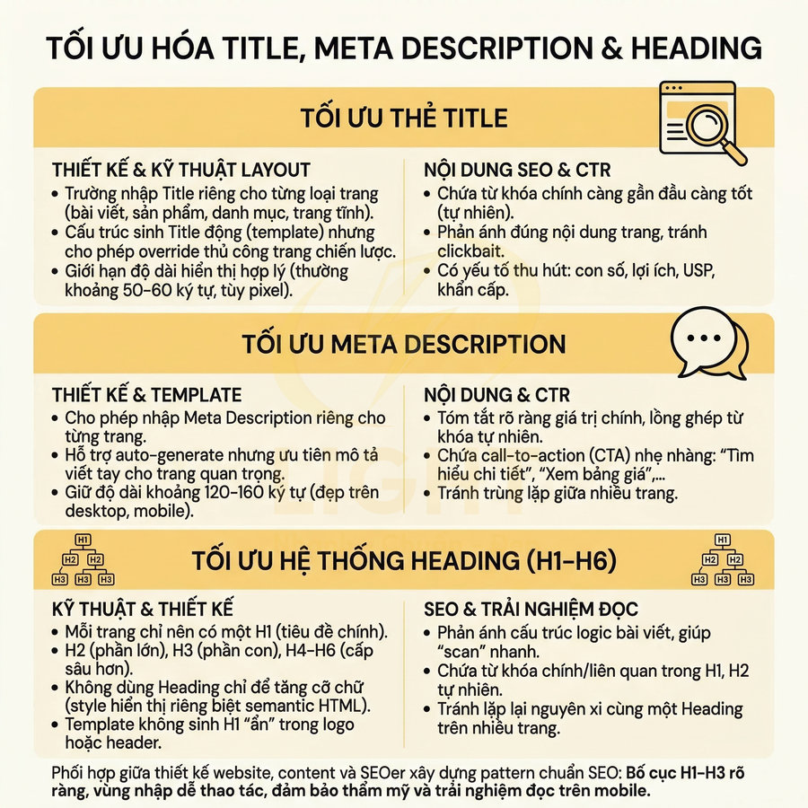 Hướng dẫn tối ưu hóa title, meta description và hệ thống heading H1 H6 chuẩn SEO bằng tiếng Việt