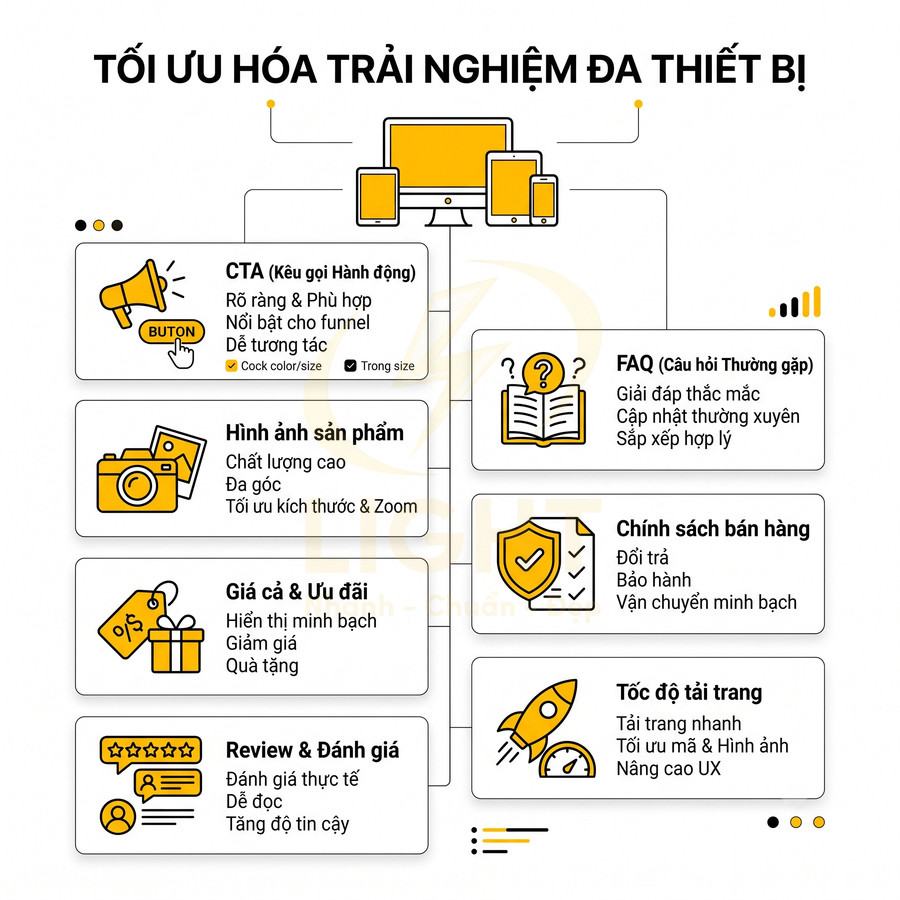 Tối ưu hóa trải nghiệm đa thiết bị với CTA, hình ảnh sản phẩm, giá ưu đãi, review, FAQ, chính sách bán hàng, tốc độ tải trang