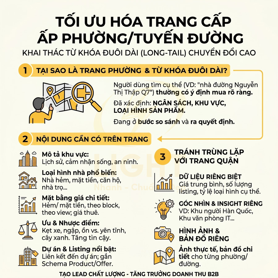 Infographic tối ưu hóa trang cấp phường tuyến đường với từ khóa đuôi dài cho SEO bất động sản