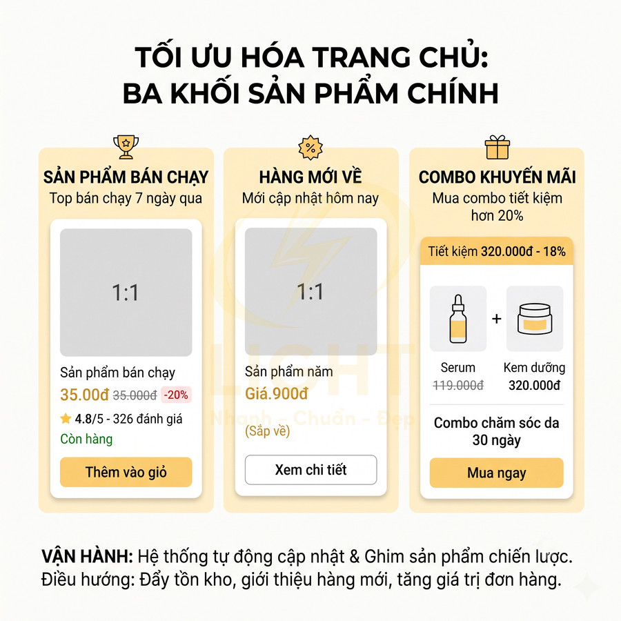 Giao diện trang chủ website với ba khối sản phẩm chính gồm sản phẩm bán chạy, hàng mới về và combo khuyến mãi