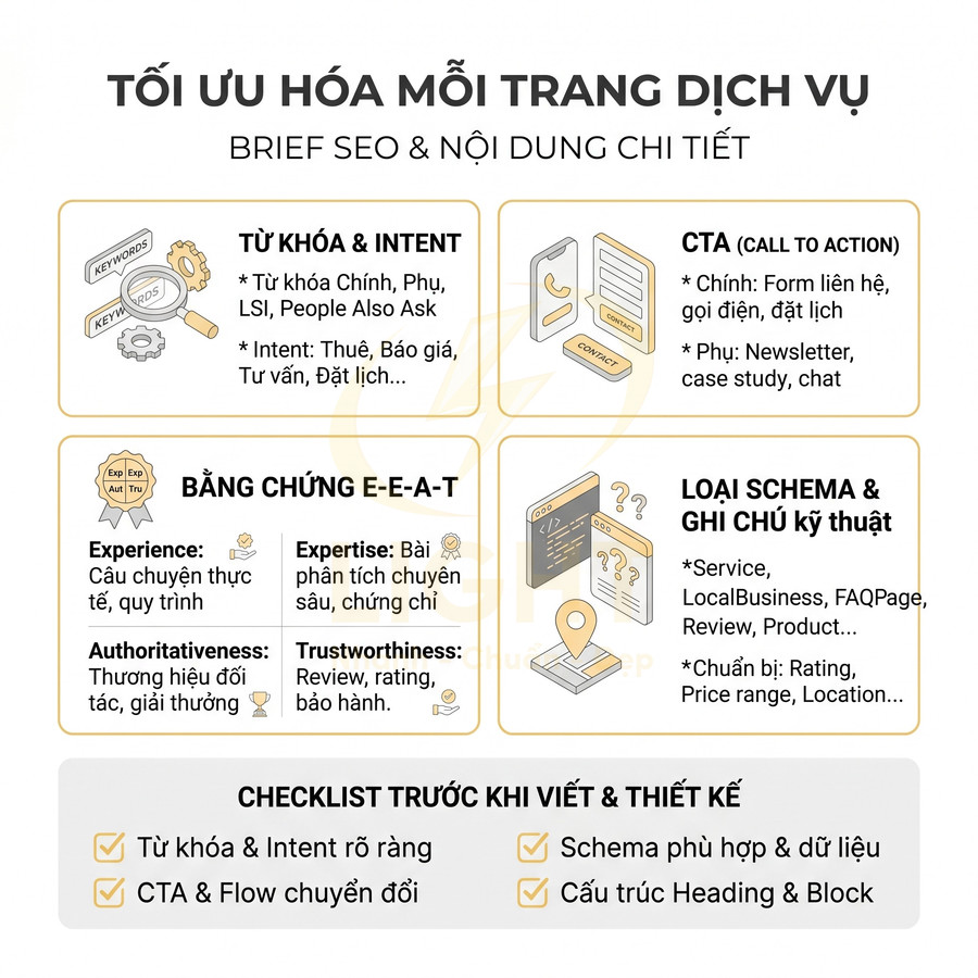 Hướng dẫn tối ưu hóa trang dịch vụ với từ khóa, CTA, bằng chứng E-E-A-T, schema và checklist SEO chi tiết