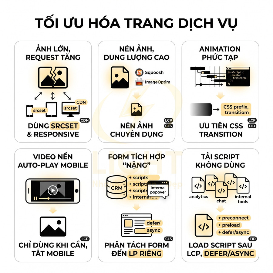 Hướng dẫn tối ưu hóa trang dịch vụ với SRCSET, nén ảnh, CSS transition, hạn chế video nền và trì hoãn tải script