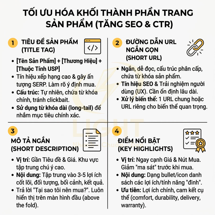 Hướng dẫn tối ưu tiêu đề, URL, mô tả ngắn và điểm nổi bật để tăng SEO và CTR cho trang sản phẩm