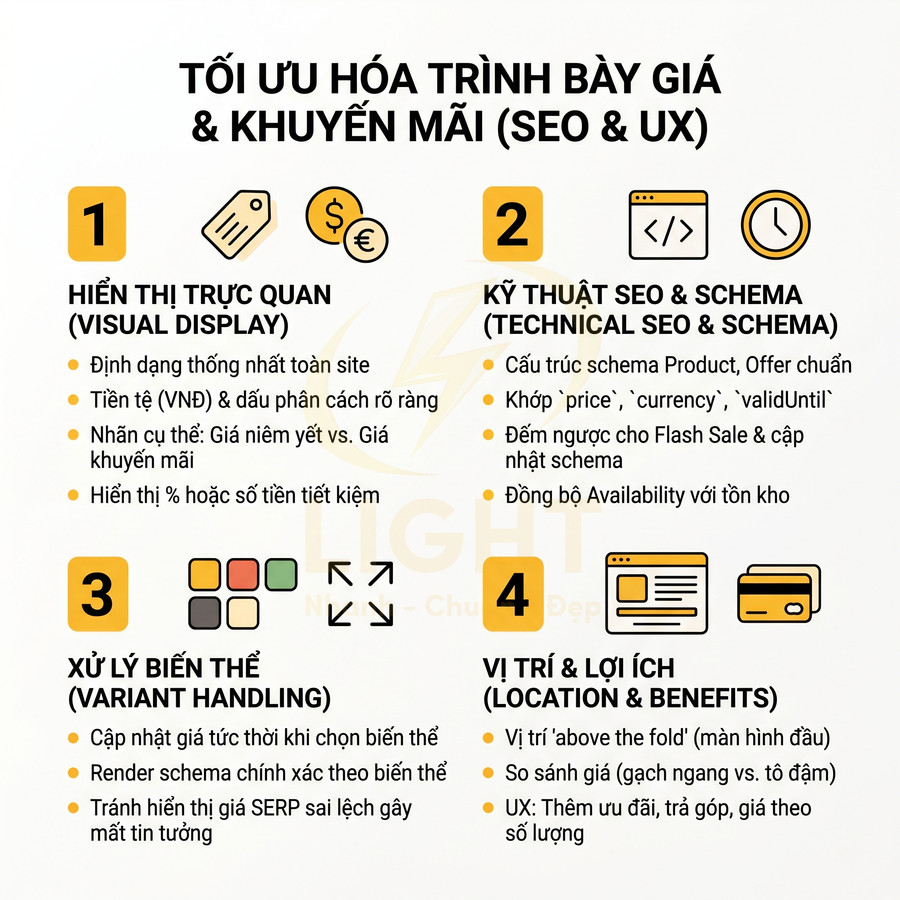 Hướng dẫn tối ưu trình bày giá và khuyến mãi cho website chuẩn SEO và UX với 4 nhóm giải pháp