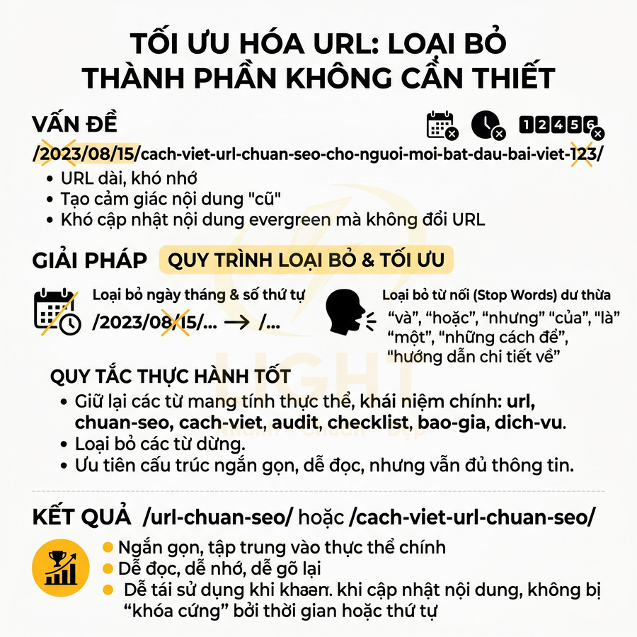 Hướng dẫn tối ưu URL chuẩn SEO bằng cách loại bỏ ngày tháng, số thứ tự và từ nối không cần thiết
