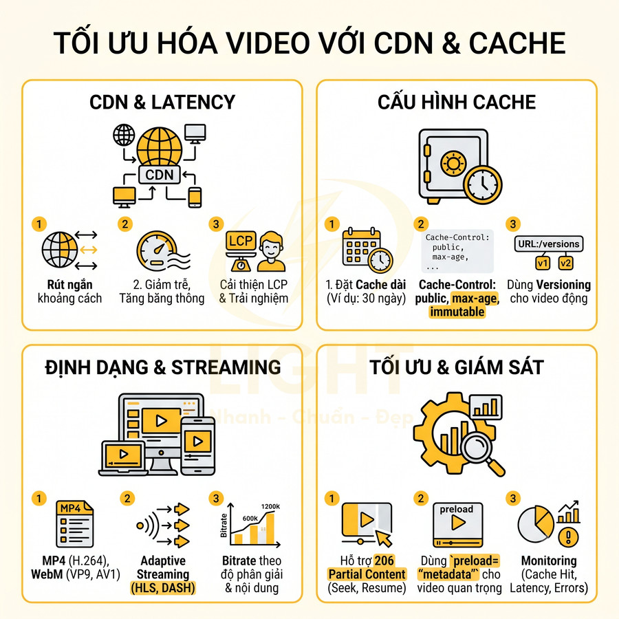 Hướng dẫn tối ưu hóa video với CDN và cache, định dạng streaming và giám sát hiệu suất chi tiết bằng icon minh họa