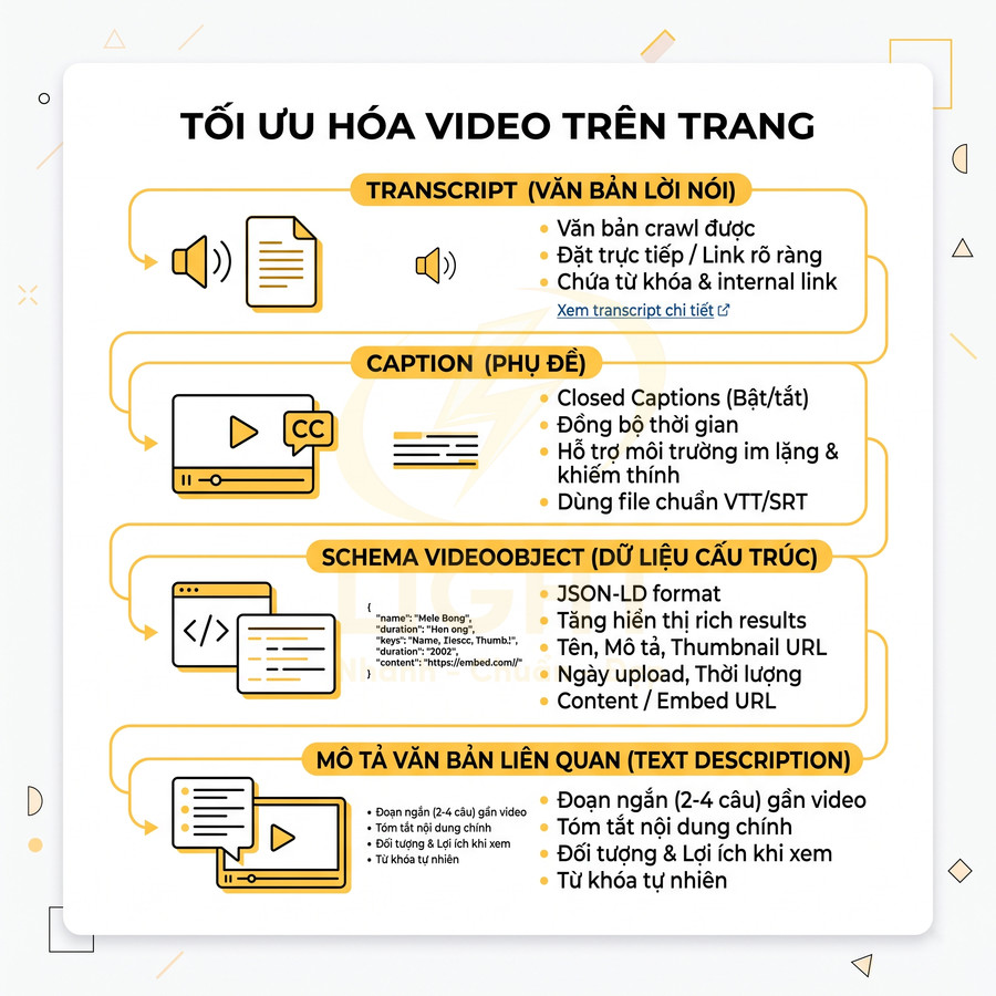Hướng dẫn tối ưu hóa video trên trang với transcript, phụ đề, schema VideoObject và mô tả văn bản liên quan