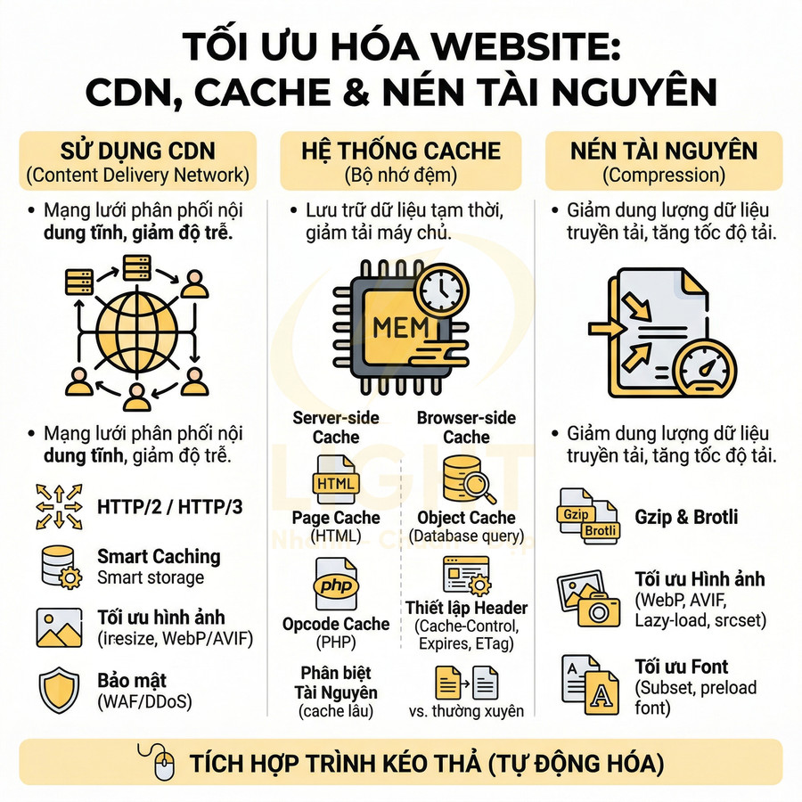 Infographic tối ưu hóa website với CDN, hệ thống cache và nén tài nguyên để tăng tốc độ tải trang