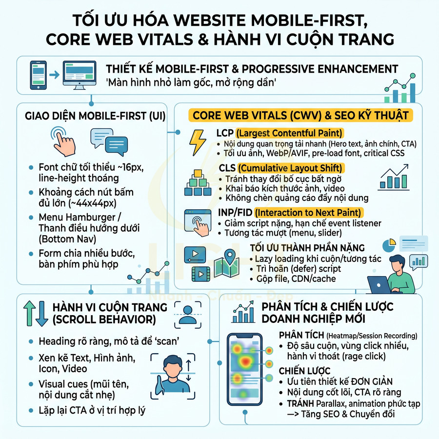 Infographic tối ưu hóa website mobile first, cải thiện Core Web Vitals và hành vi cuộn trang cho trải nghiệm người dùng