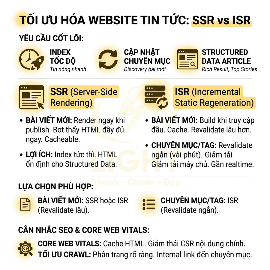 Infographic tối ưu hóa website tin tức so sánh SSR và ISR, nêu yêu cầu cốt lõi, lợi ích SEO và gợi ý lựa chọn