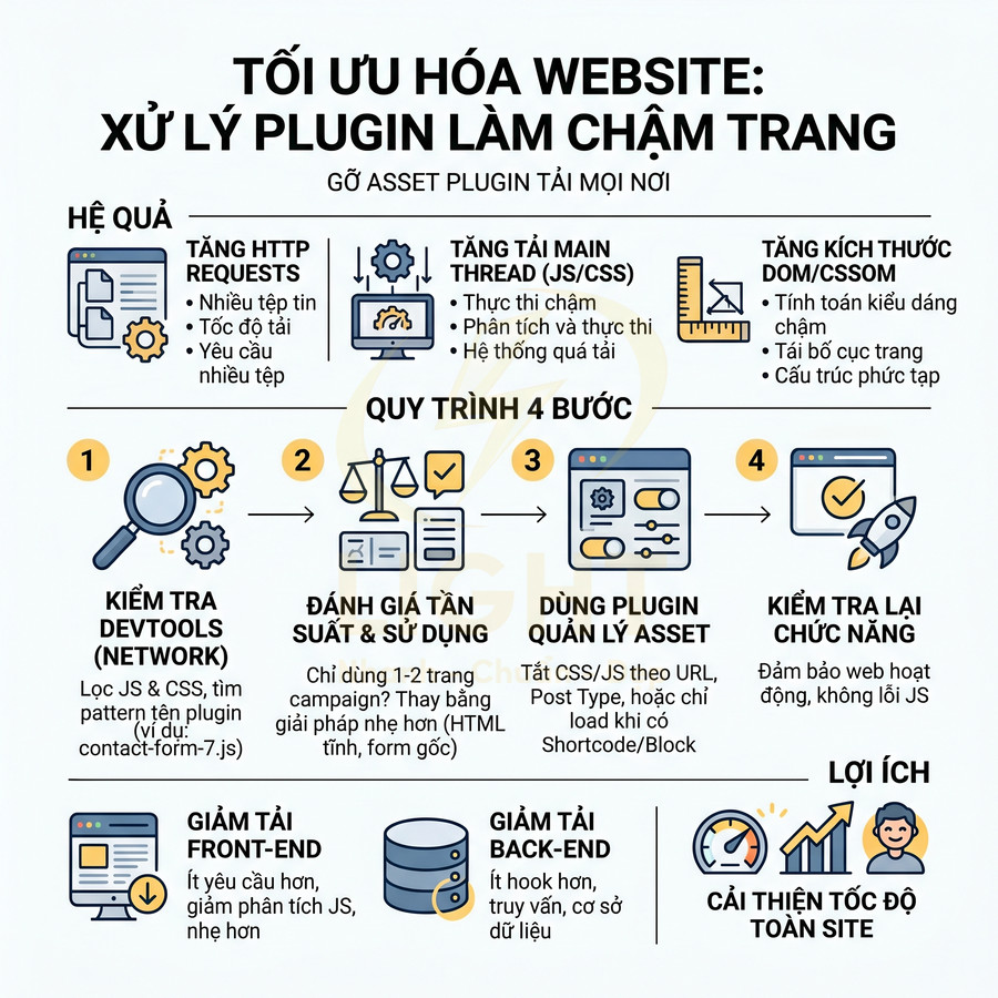 Infographic tối ưu hóa website xử lý plugin làm chậm trang với quy trình 4 bước và lợi ích tăng tốc độ tải site