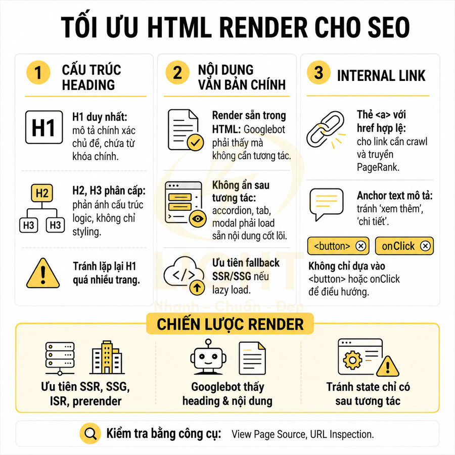 Hướng dẫn tối ưu HTML render cho SEO với cấu trúc heading, nội dung văn bản chính và internal link