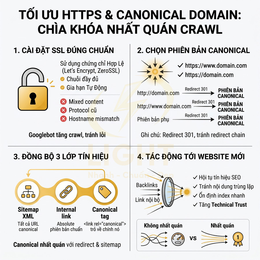 Infographic hướng dẫn tối ưu HTTPS và canonical domain để tăng crawl và tín hiệu SEO cho website mới