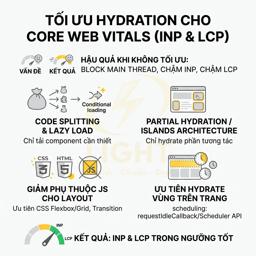 Tối ưu hydration cho Core Web Vitals INP và LCP với code splitting, lazy load và partial hydration