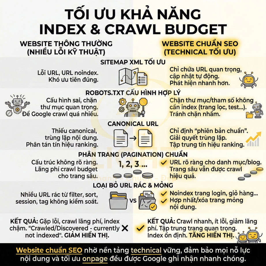 Infographic tối ưu khả năng index và crawl budget cho website chuẩn SEO với sitemap, robots.txt, canonical, phân trang