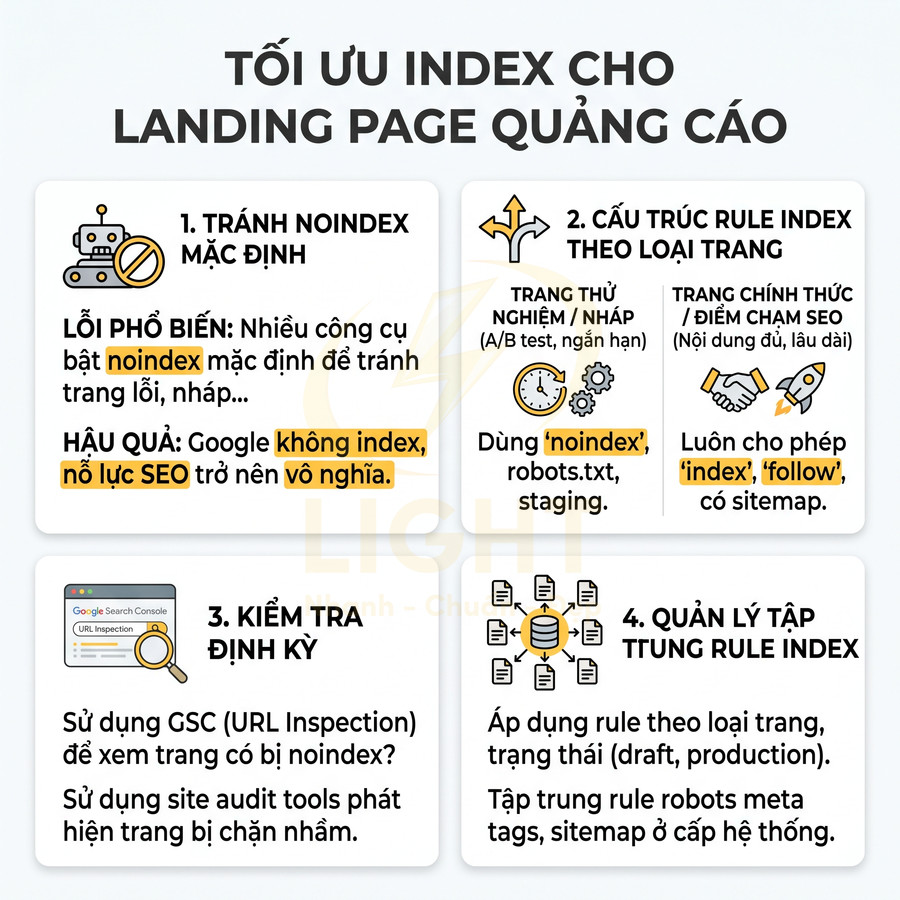 Hướng dẫn tối ưu index cho landing page quảng cáo với 4 bước tránh noindex và quản lý rule index hiệu quả