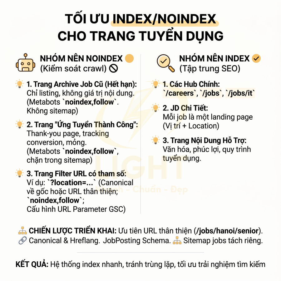 Hướng dẫn tối ưu index noindex cho trang tuyển dụng với nhóm nên index và nhóm nên noindex