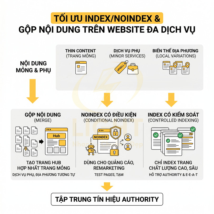 Sơ đồ tối ưu index noindex và gộp nội dung mỏng trên website đa dịch vụ để tăng tín hiệu authority