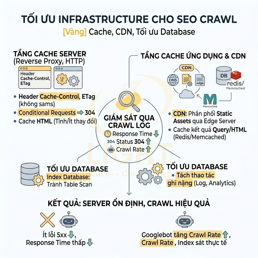 Infographic tối ưu hạ tầng SEO crawl với cache server, CDN, tối ưu database và giám sát crawl log