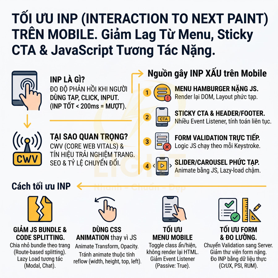 Infographic tối ưu INP trên mobile, giảm lag từ menu hamburger, sticky CTA, form, slider và các cách cải thiện JavaScript