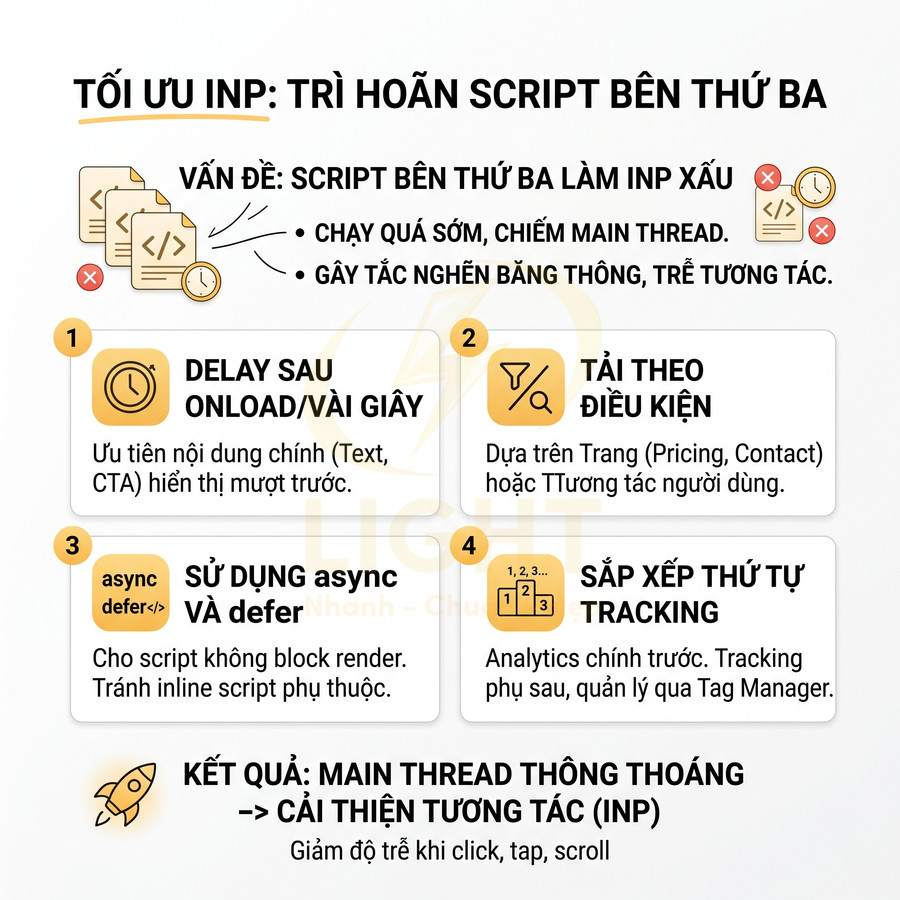 Infographic tối ưu INP bằng trì hoãn script bên thứ ba với các bước delay, tải theo điều kiện, dùng async defer, sắp xếp tracking